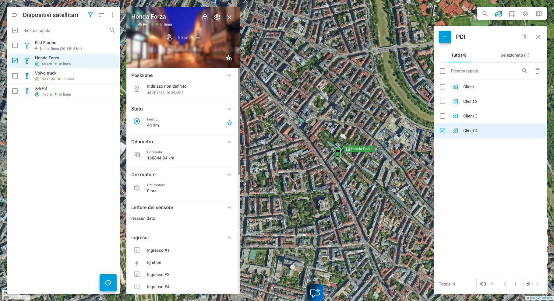 Console operativa IoTrack24 con mappa flotta, elenco dispositivi e dettaglio mezzo